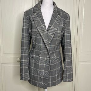 H&M Women's Sz 12 Blazer Gray Beige Plaid Double Breasted Lined Blazer Jacket